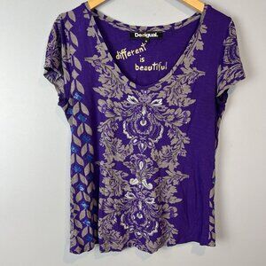 Desigual Purple V Neck T Shirt Women's Size Medium Sequin Metallic Casual